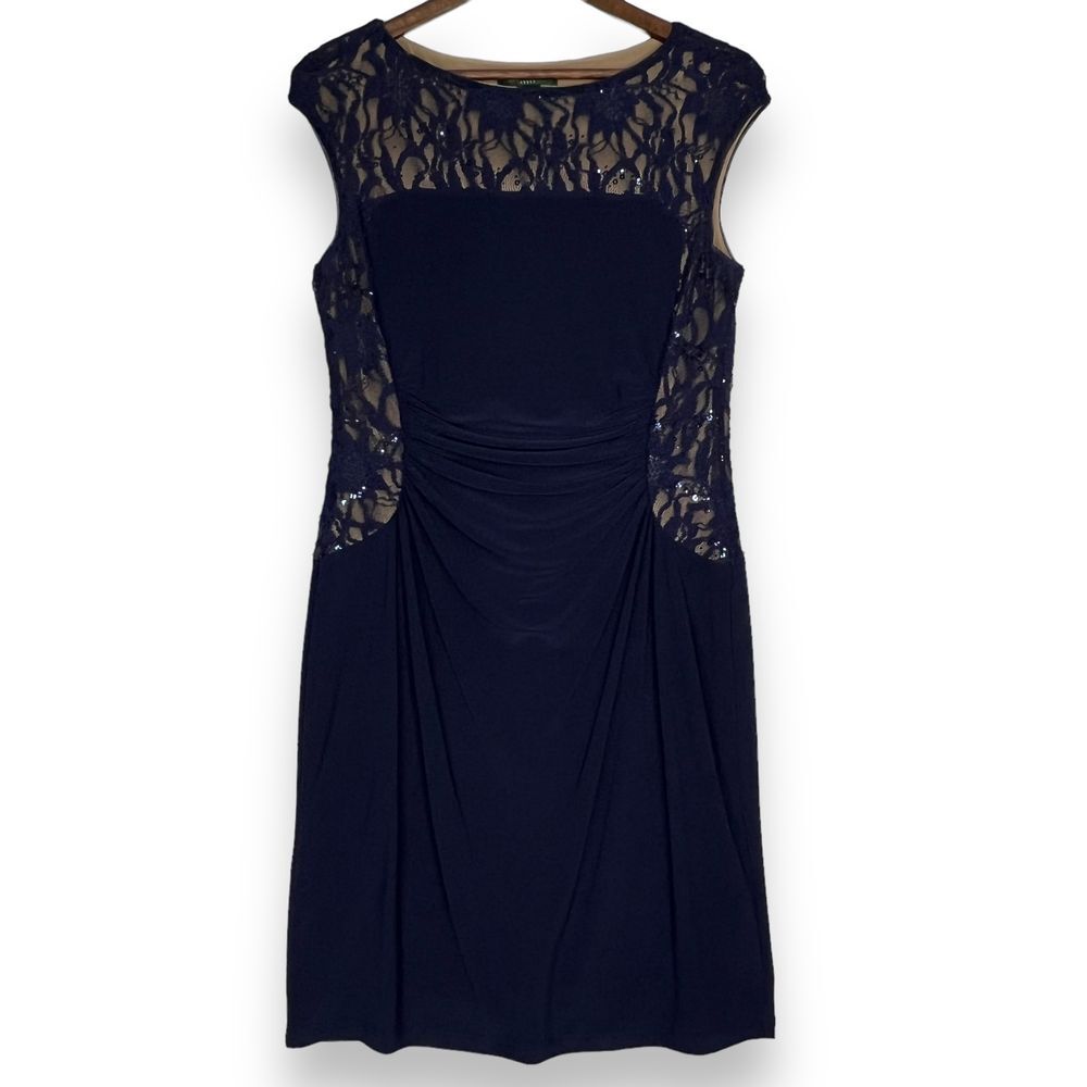 Lauren Ralph Lauren Dress‎ Blue Lace Cocktail Ruched Waist Cap Sleeve 12 Petite